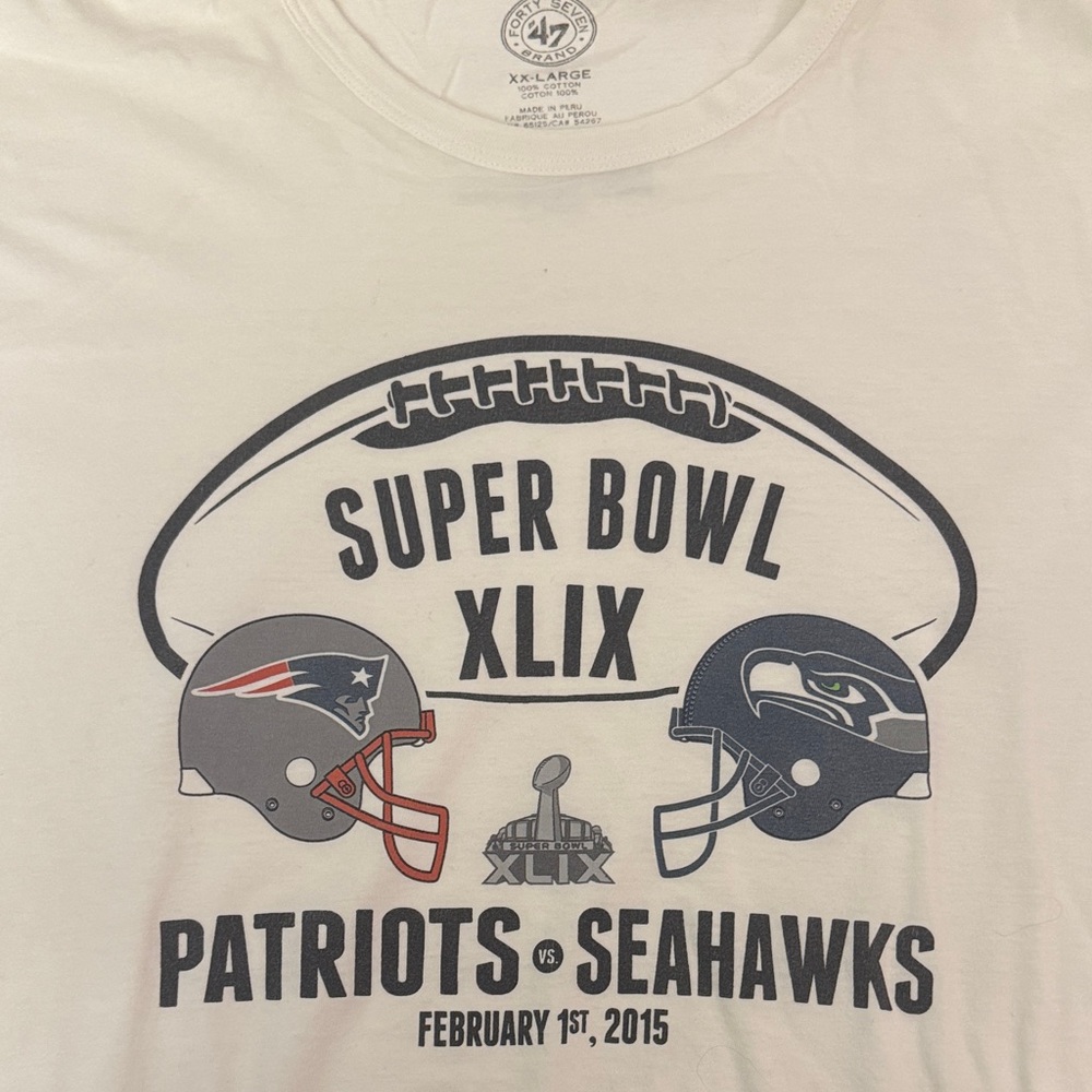 47 White Super Bowl XLIX Patriots vs Seahawks Tee